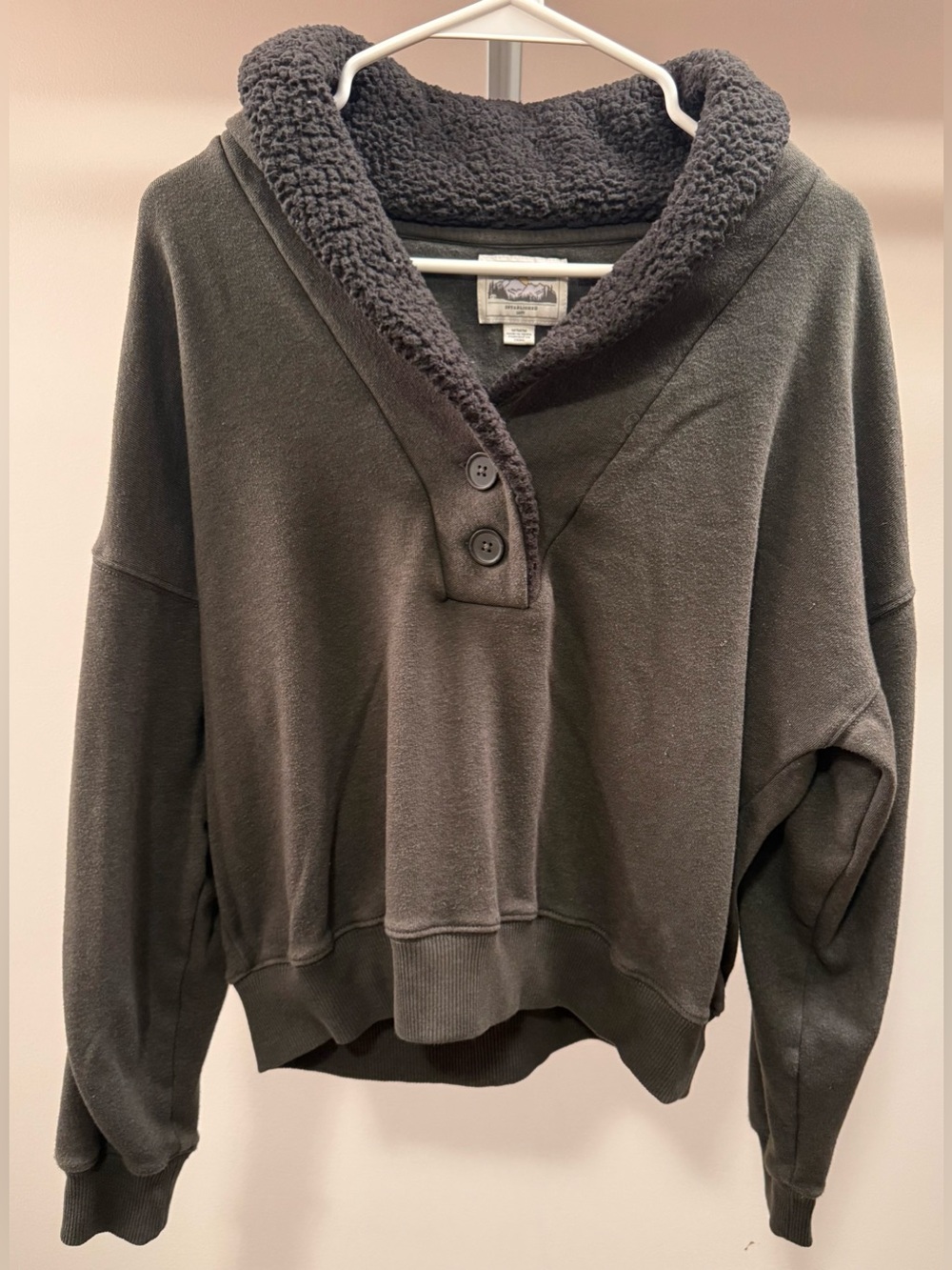 American Eagle Outfitters Dark Gray Sherpa-Trim V-Neck Sweatshirt